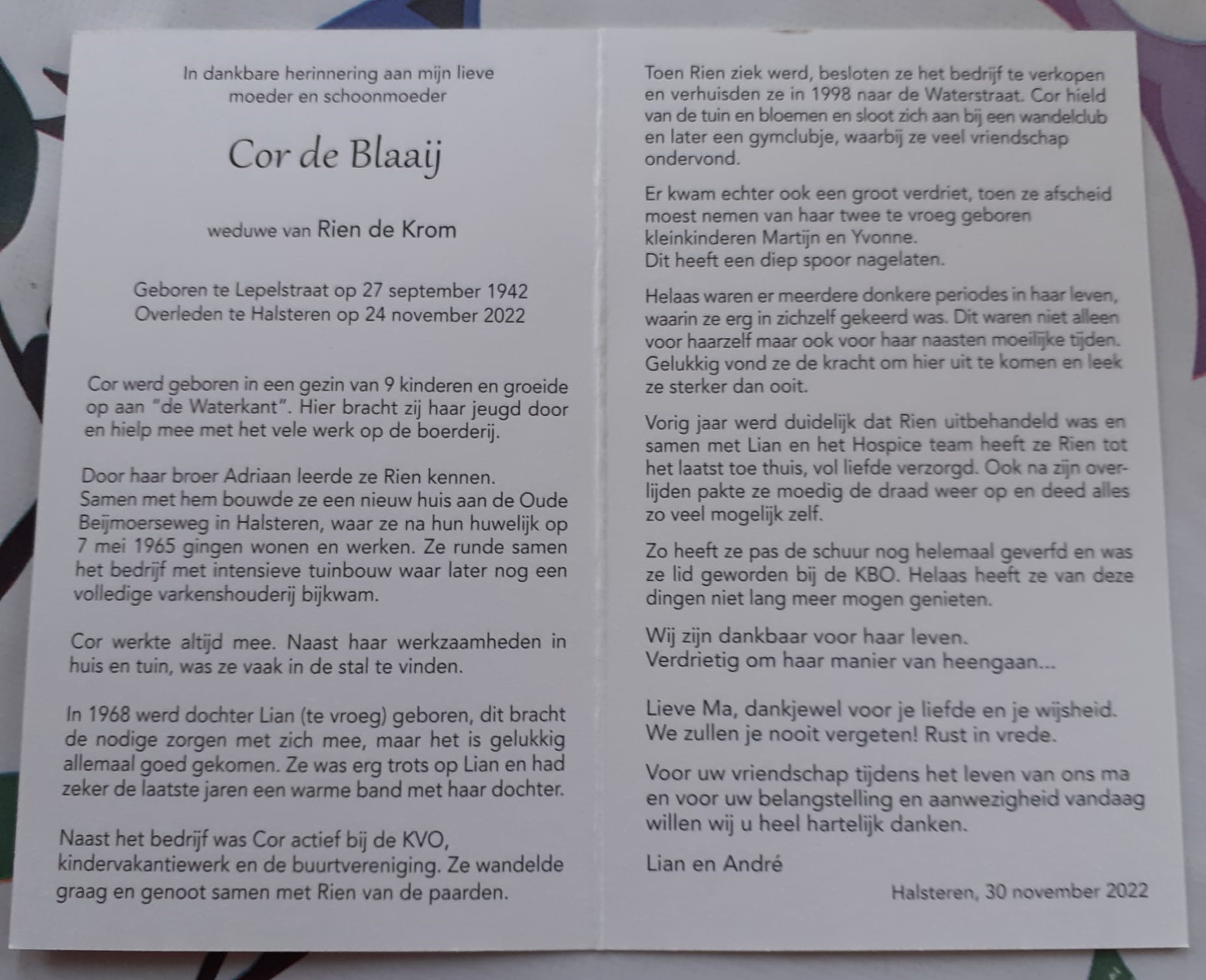 bidprentje cor de krom de blaaij